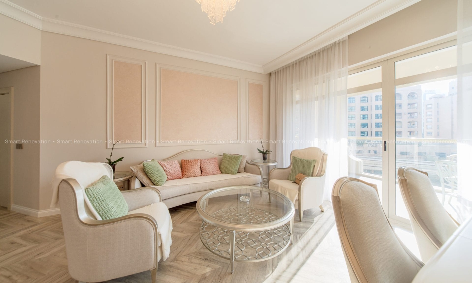 Smart Renovation Design & Fit-Out Company in Dubai presents Shoreline Apartment beautiful living room with interior design and decor.