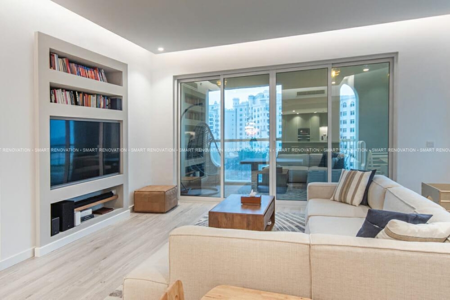 Smart Renovation Design & Fit-Out Company in Dubai presents Shoreline Apartment beautiful living room with interior design and decor.