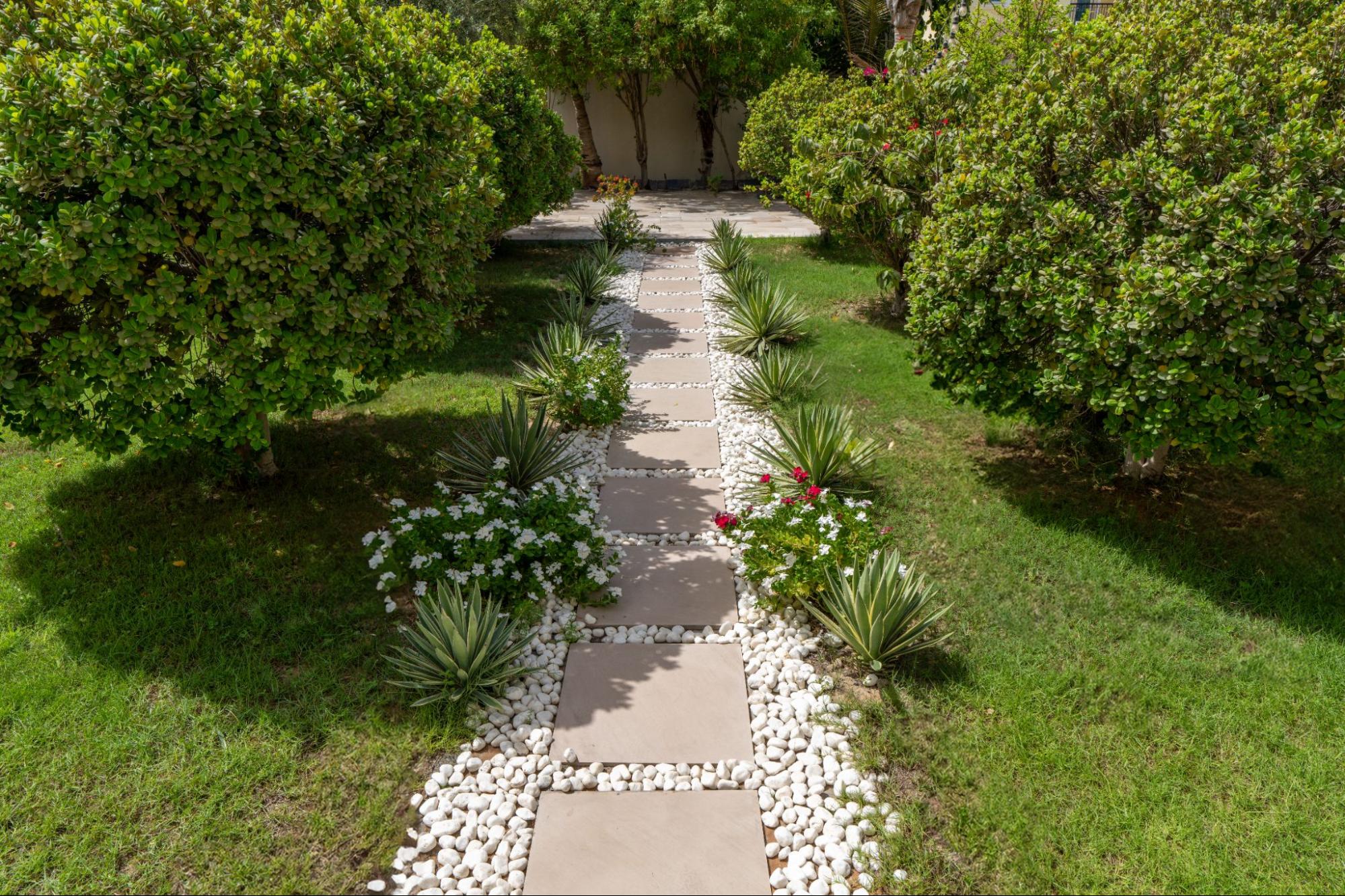 Modern path layout by Smart Renovation for Casa Fiorita featuring a stone walkway with white pebbles and drought-tolerant plants.