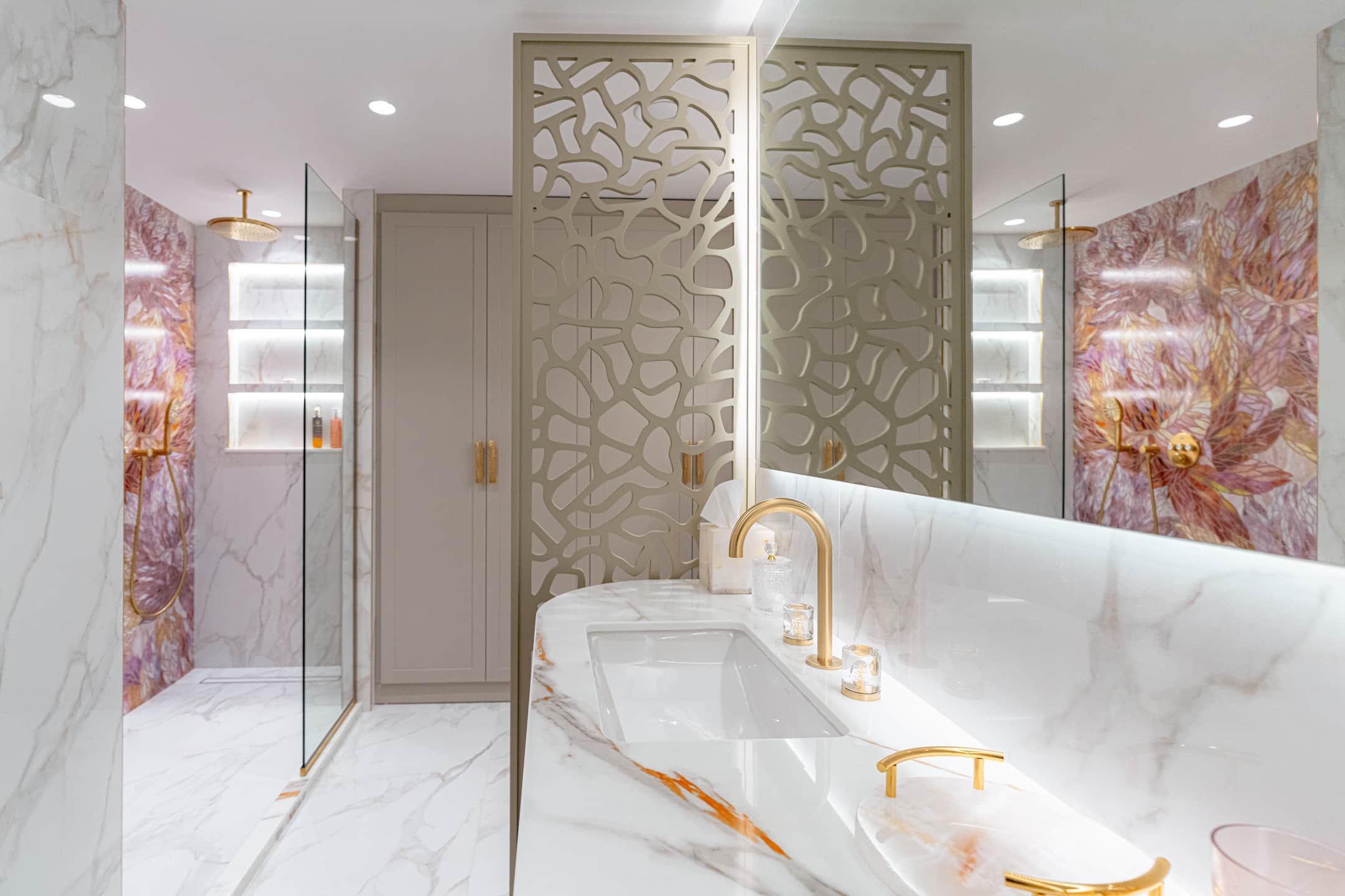 Golden Vienna villa fit-out works featuring a luxury bathroom with decorative panel accents.